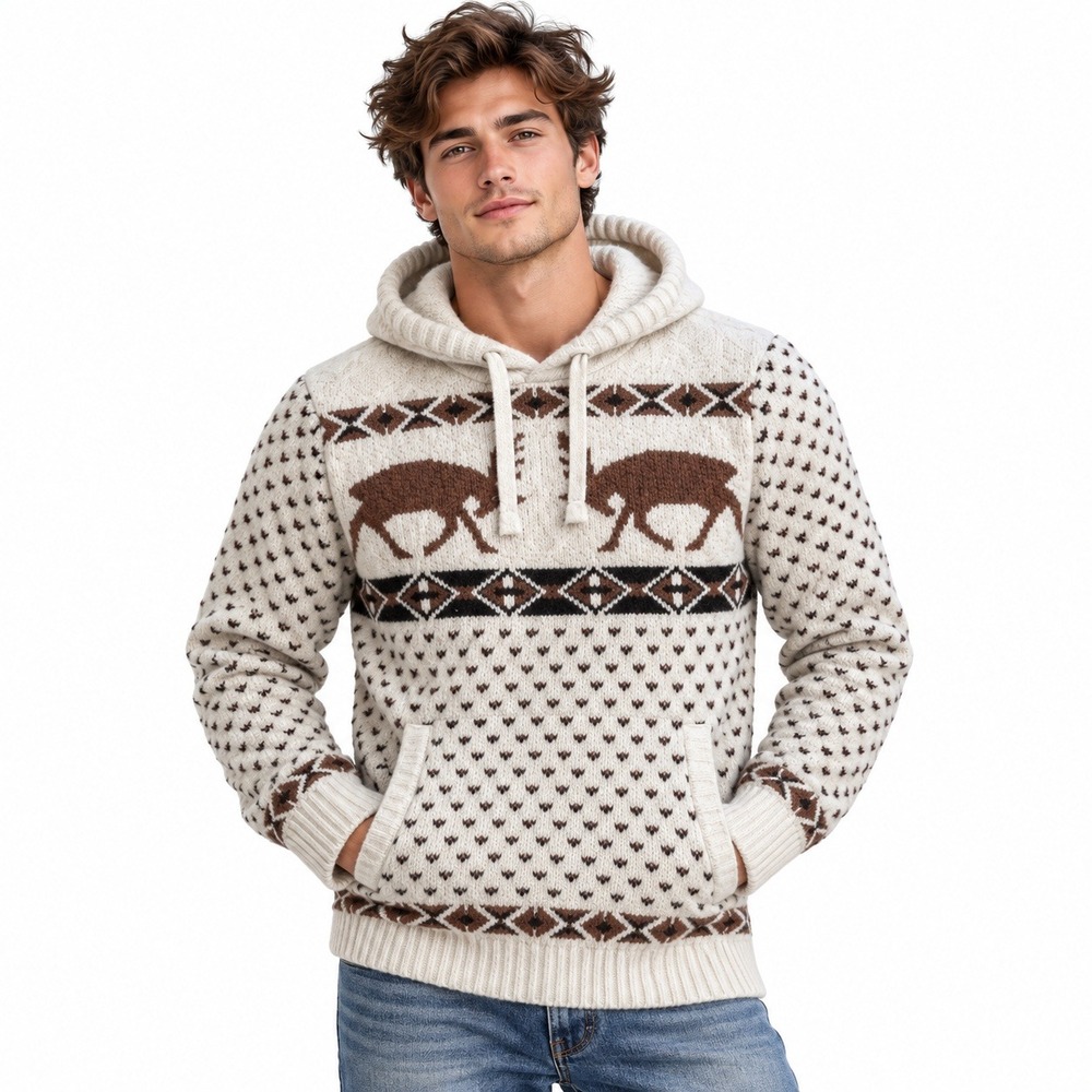 American Eagle Hoodie Mens Small Cream Fair Isle Reindeer Knit Sweater Winter